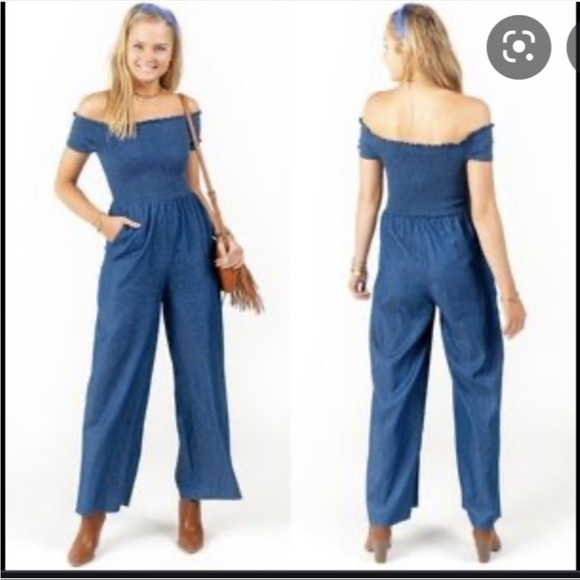 BLUE Rain Francescas chambray Ellison Romper size XXS Ruched Off Shoulder rodeo - Picture 1 of 13